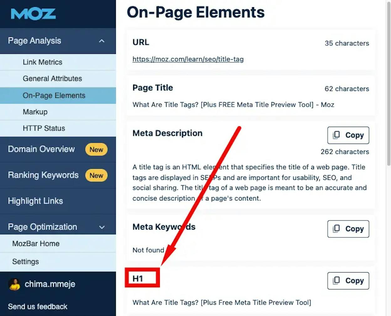 [Screenshot: Site audit tool showing pages where title tags and H1s are mismatched]