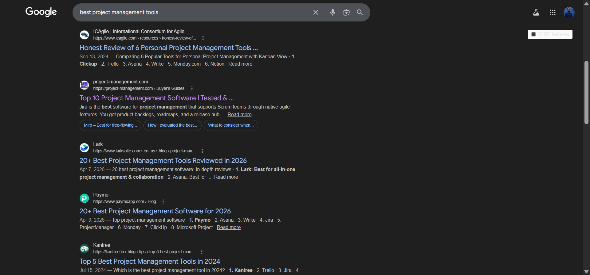 [Screenshot: Google SERP for a keyword like &ldquo;best project management tools&rdquo; showing a mix of blog posts and product pages &mdash; annotate or note the content type of each result]