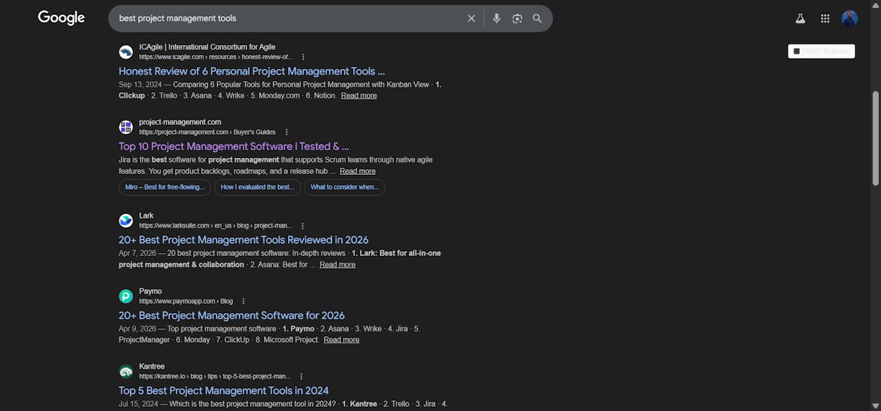 [Screenshot: Google SERP for a keyword like &ldquo;best project management tools&rdquo; showing a mix of blog posts and product pages &mdash; annotate or note the content type of each result]