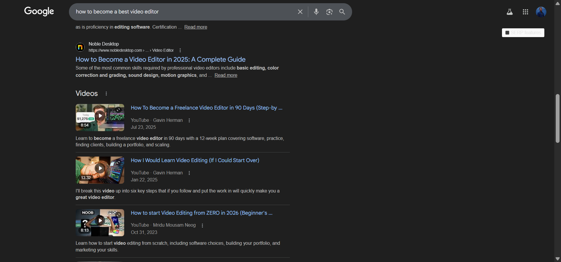 [Screenshot: A SERP showing a video carousel result mixed in with organic text results]