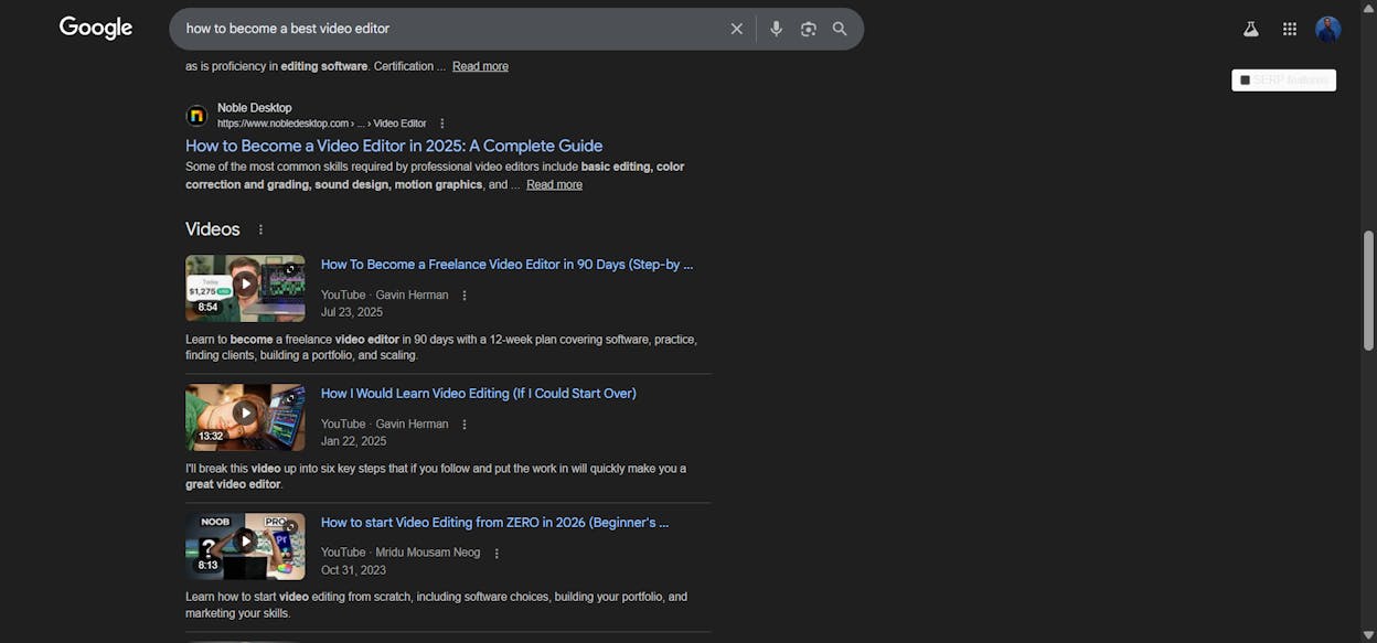 [Screenshot: A SERP showing a video carousel result mixed in with organic text results]