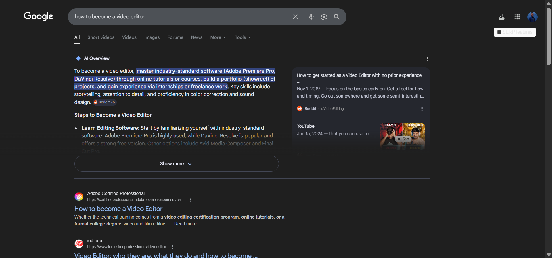 [Screenshot: Google SERP showing an AI Overview at the top of results &mdash; note the cited sources underneath]