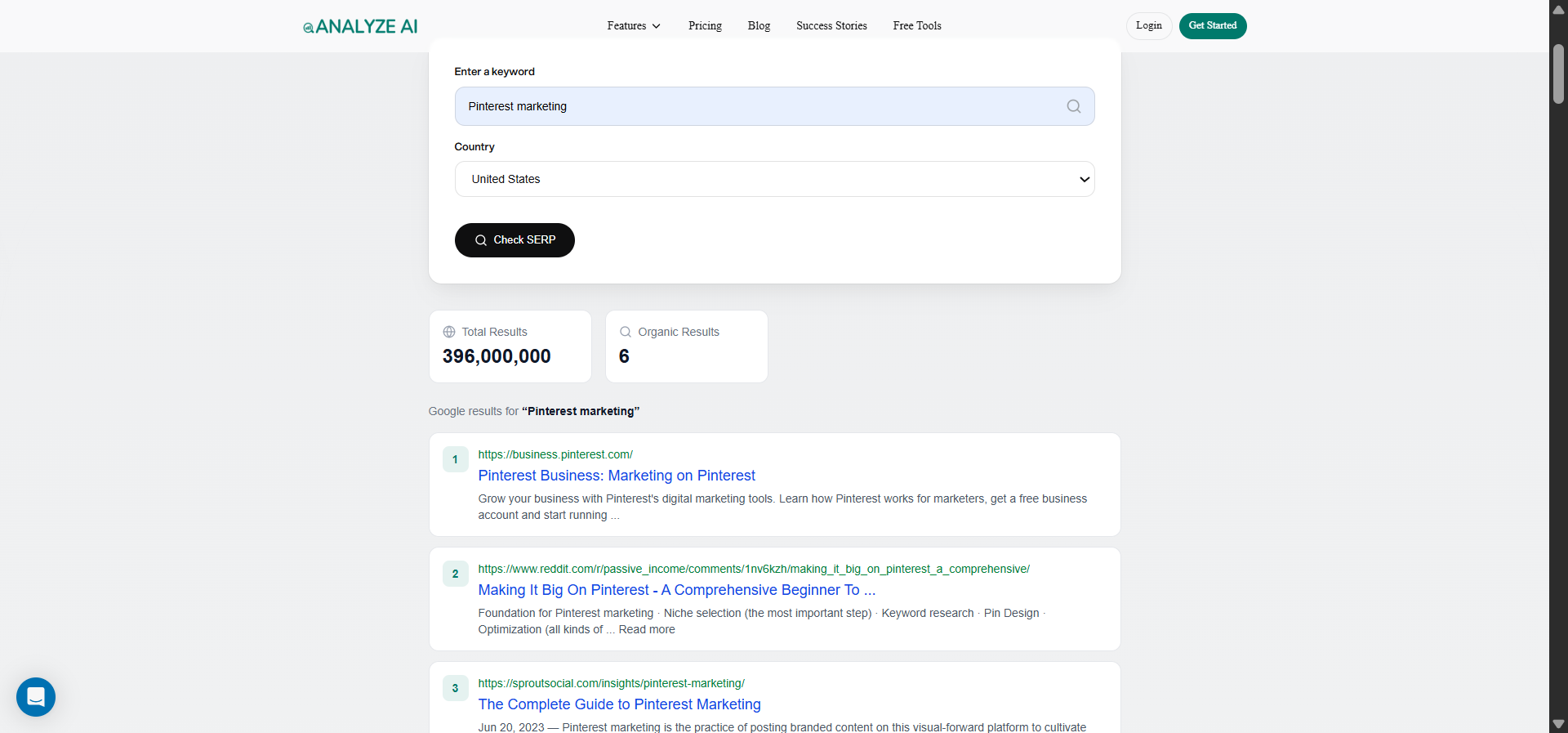 [Screenshot: Analyze AI SERP Checker tool showing top 10 results for a sample keyword with metrics]