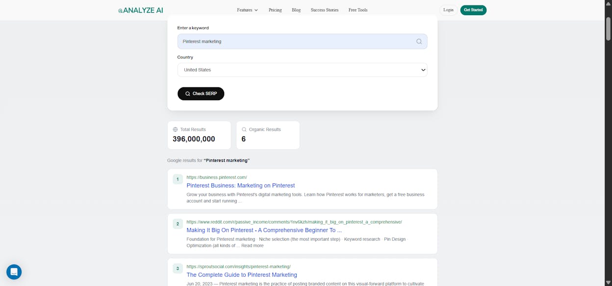 [Screenshot: Analyze AI SERP Checker tool showing top 10 results for a sample keyword with metrics]