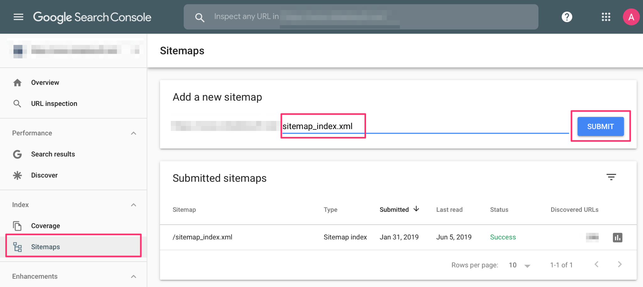 [Screenshot: Google Search Console Sitemaps page showing the sitemap URL input field and the Submit button]
