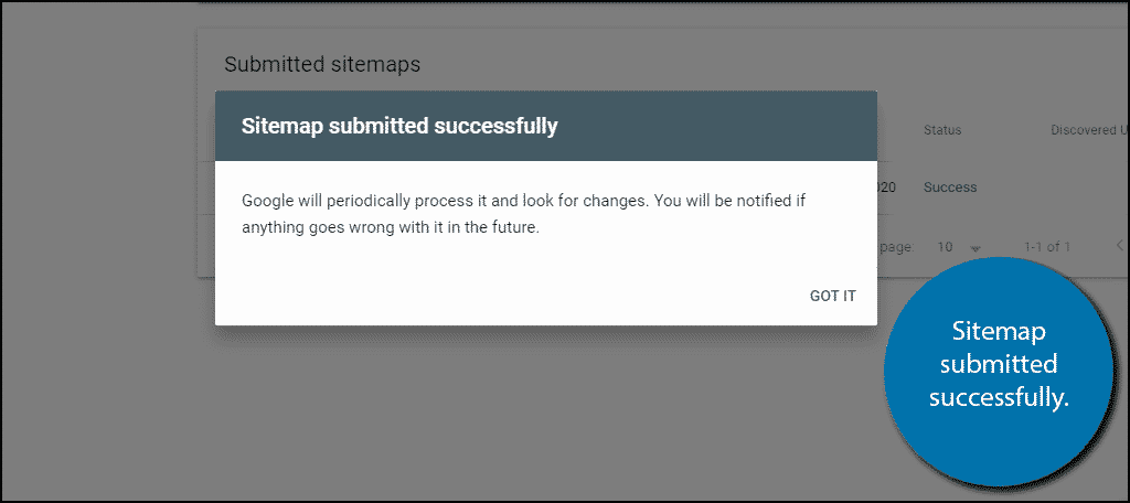 [Screenshot: Browser showing Google&rsquo;s &ldquo;Sitemap notification received&rdquo; confirmation page]