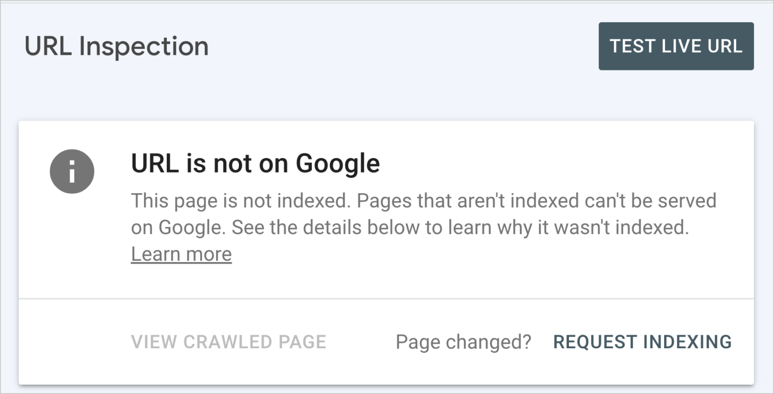 [Screenshot: Google Search Console URL Inspection tool showing &ldquo;URL is not on Google&rdquo; status with the &ldquo;Request Indexing&rdquo; button highlighted]