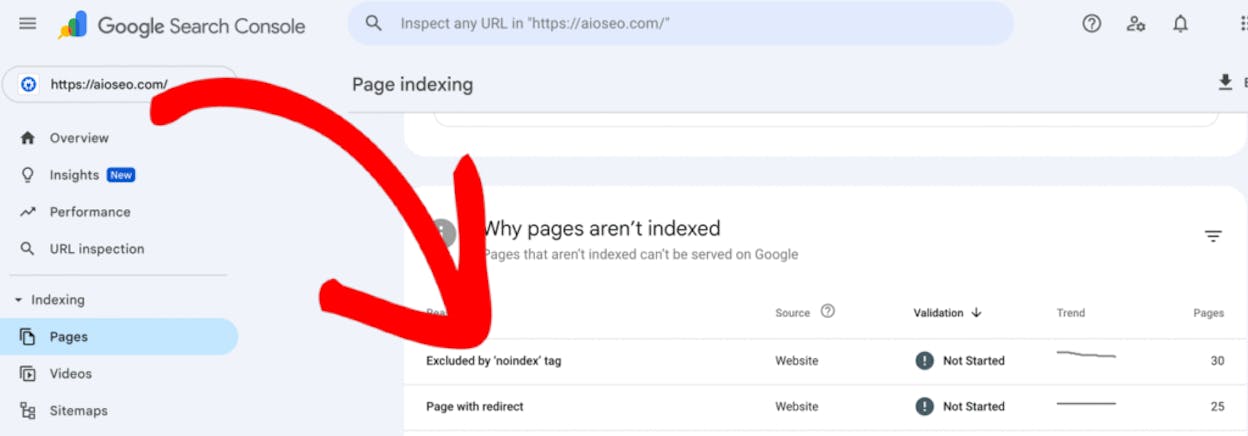 [Screenshot: Google Search Console Pages report showing noindex-related exclusion reasons]