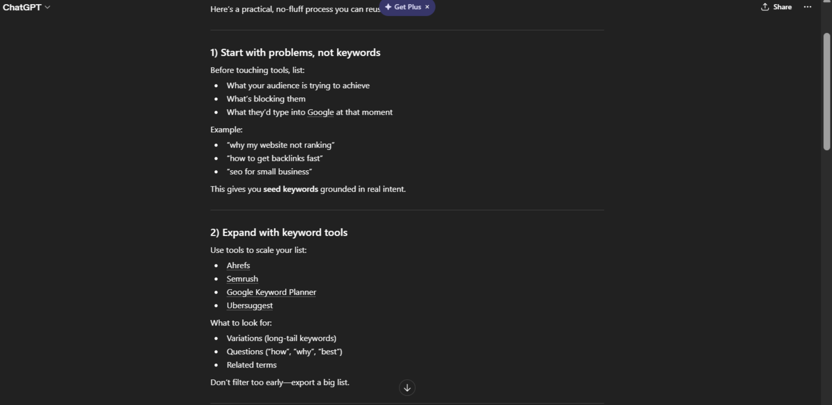 [Screenshot of a ChatGPT response to &ldquo;how do I do keyword research&rdquo; showing brand names naturally woven into the how-to steps]