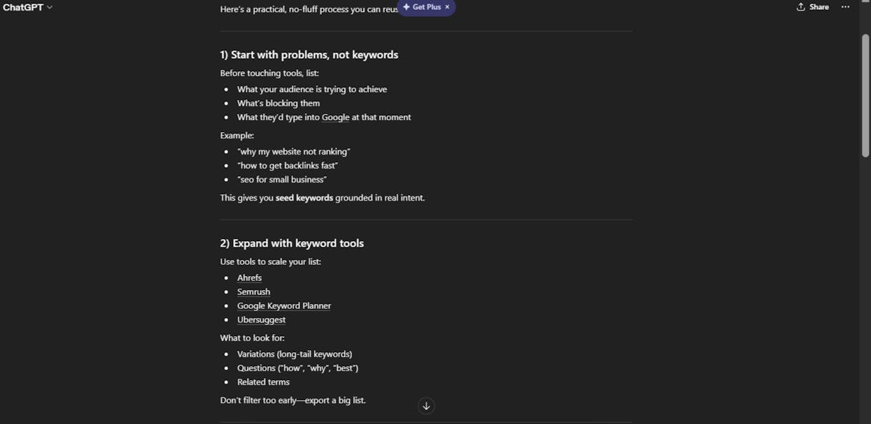[Screenshot of a ChatGPT response to &ldquo;how do I do keyword research&rdquo; showing brand names naturally woven into the how-to steps]