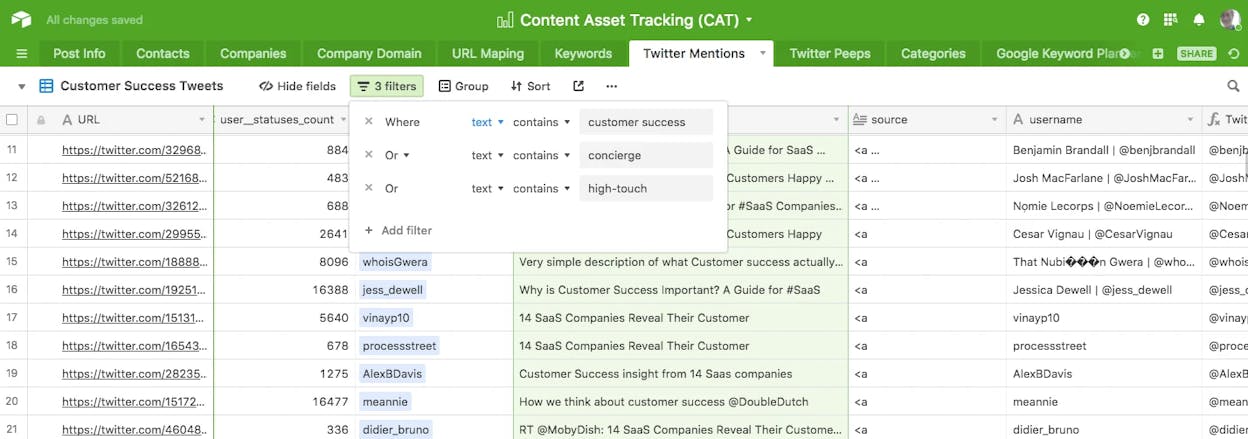 [Screenshot: Airtable content base with columns for topic, keyword, status, writer, editor, brief link, and publish date]