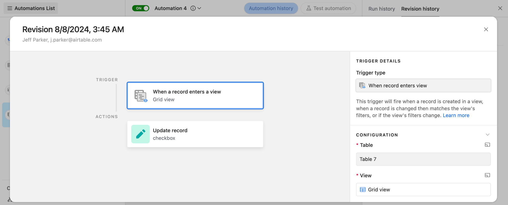 [Screenshot: Airtable automation showing the trigger conditions &ldquo;Status = Brief Needed&rdquo; AND &ldquo;Brief Link is empty&rdquo; with action &ldquo;Create Google Doc from template&rdquo;]