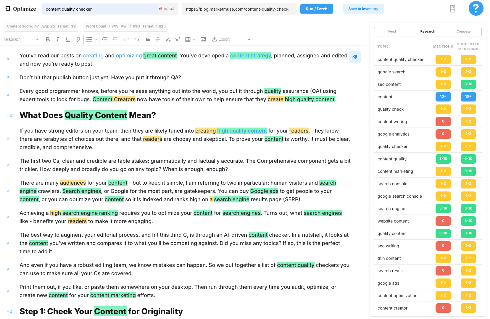 [Screenshot: Content grading tool showing a score and a list of missing subtopics to add]