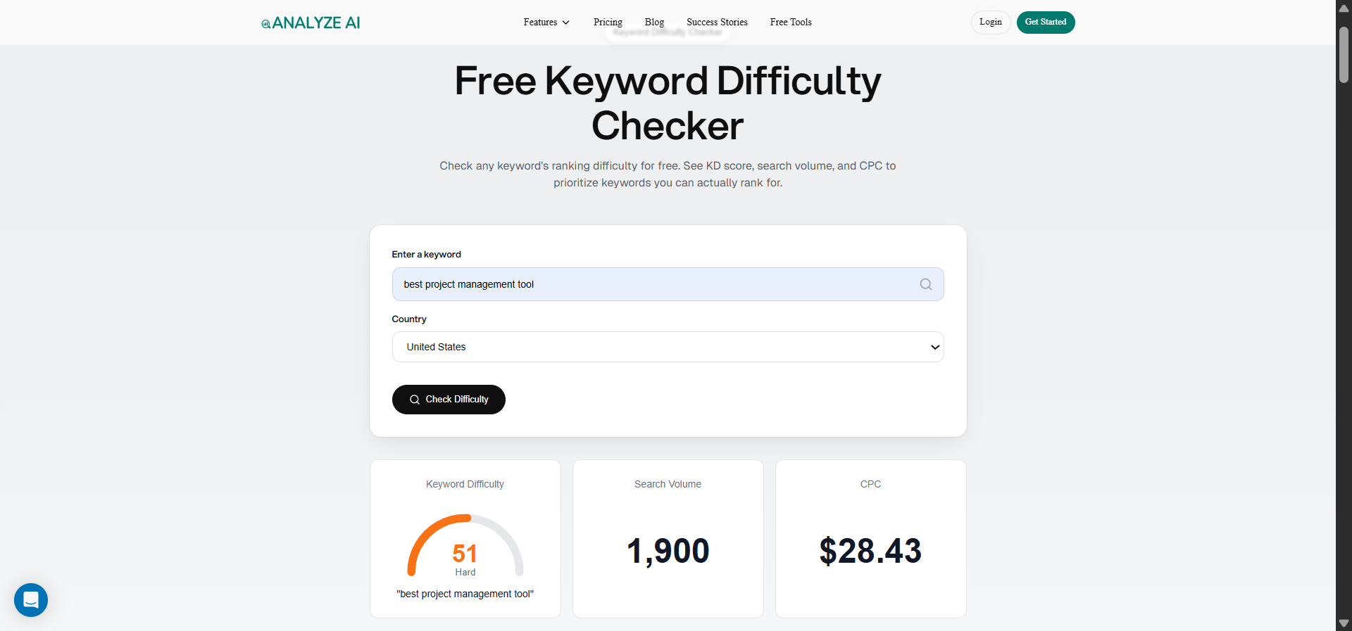 [Screenshot: Analyze AI Keyword Difficulty Checker showing a keyword with its difficulty score, search volume, and top-ranking pages]