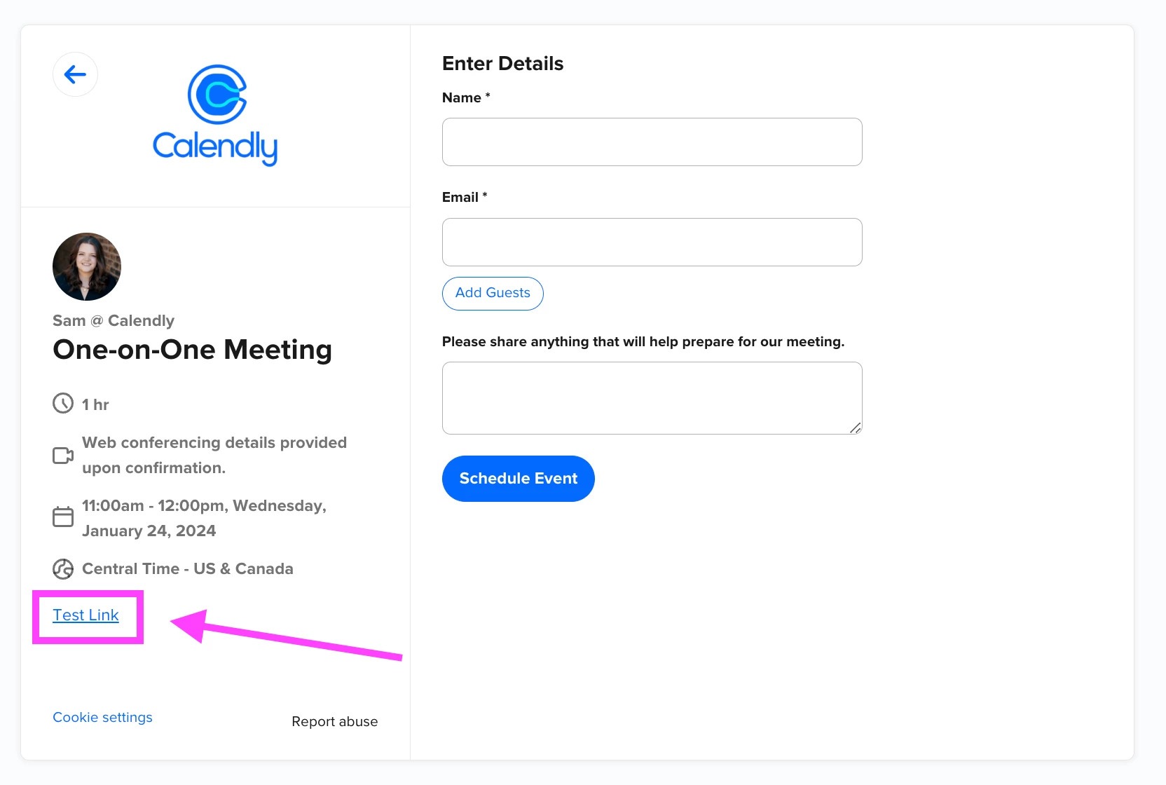 [Screenshot: Calendly booking form with fields for name, email, and pre-screening questions about episode topics]