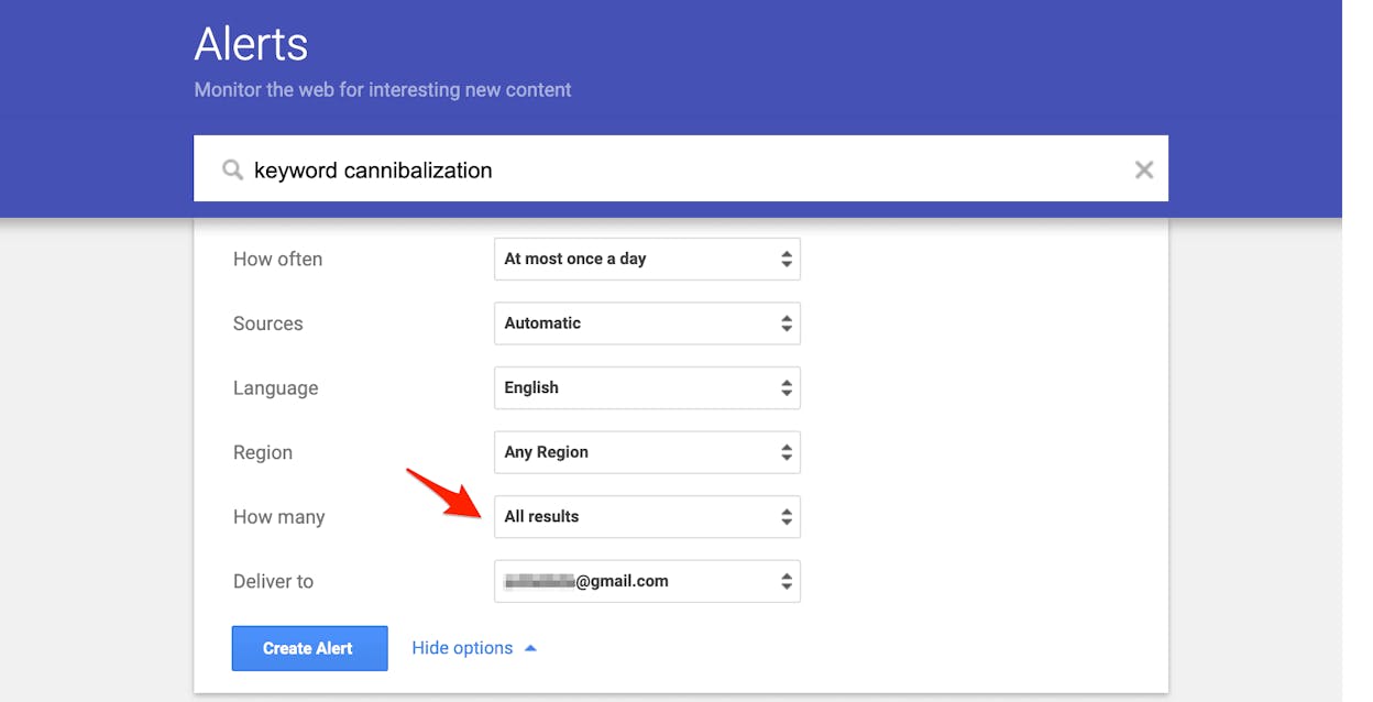 [Screenshot: A Google Alerts email notification showing a list of new web results matching a search term, with titles, snippets, and source links]