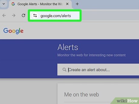 [Screenshot: The Google Alerts homepage showing the main search bar with &ldquo;Create an alert about&hellip;&rdquo; placeholder text]
