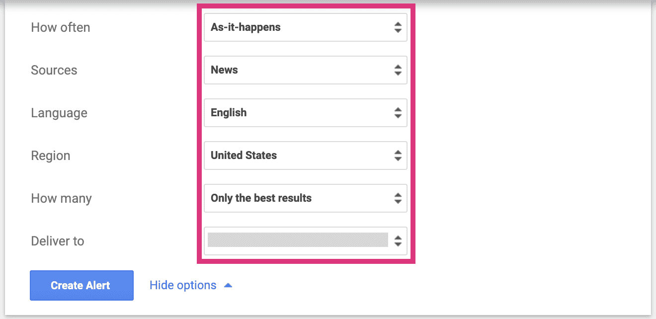 [Screenshot: The Google Alerts &ldquo;Show options&rdquo; panel expanded, showing all six dropdown settings including frequency, sources, language, region, how many, and delivery options]