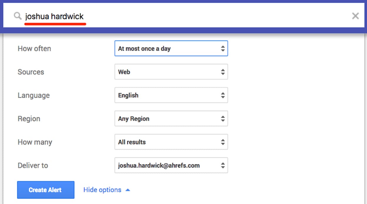 [Screenshot: A Google Alert set up with a brand name and domain using the OR operator, with &ldquo;All results&rdquo; selected]
