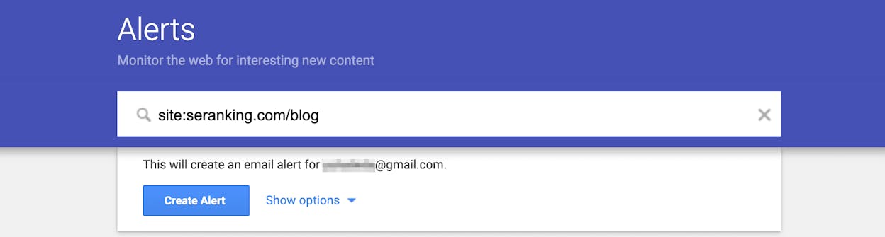 [Screenshot: A Google Alert configured to track a competitor&rsquo;s brand name and domain]