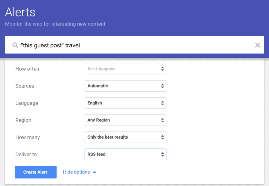[Screenshot: A Google Alert using the &ldquo;guest post by&rdquo; footprint combined with a topic keyword]