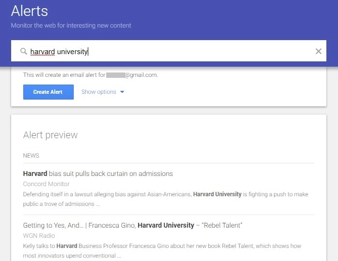 [Screenshot: A Google Alert configured with a brand name and review/complaint keywords using the OR operator]