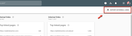 [Screenshot: Google Search Console Links report showing the Export External Links button]