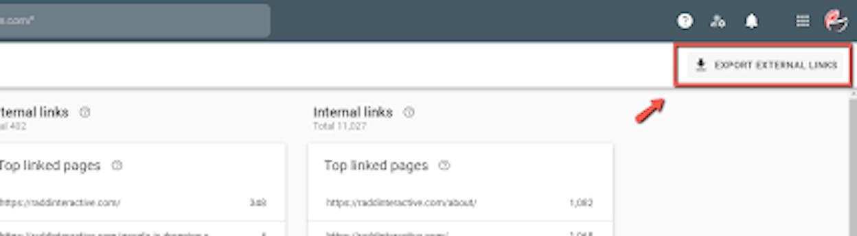 [Screenshot: Google Search Console Links report showing the Export External Links button]