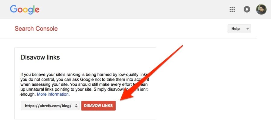 [Screenshot: Google Search Console Disavow Links upload page]