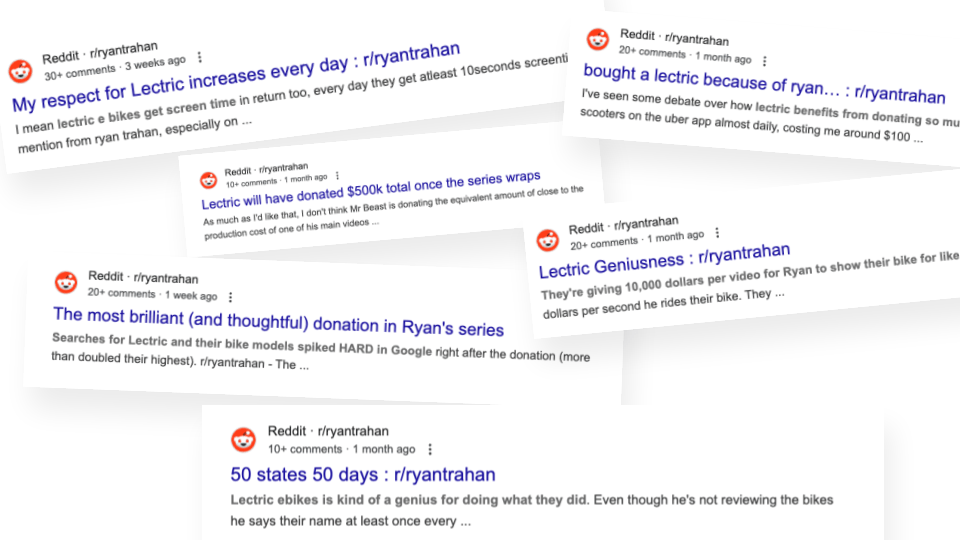 [Screenshot: Collection of Reddit posts from r/ryantrahan discussing Lectric eBikes, showing organic fan praise and discussion]