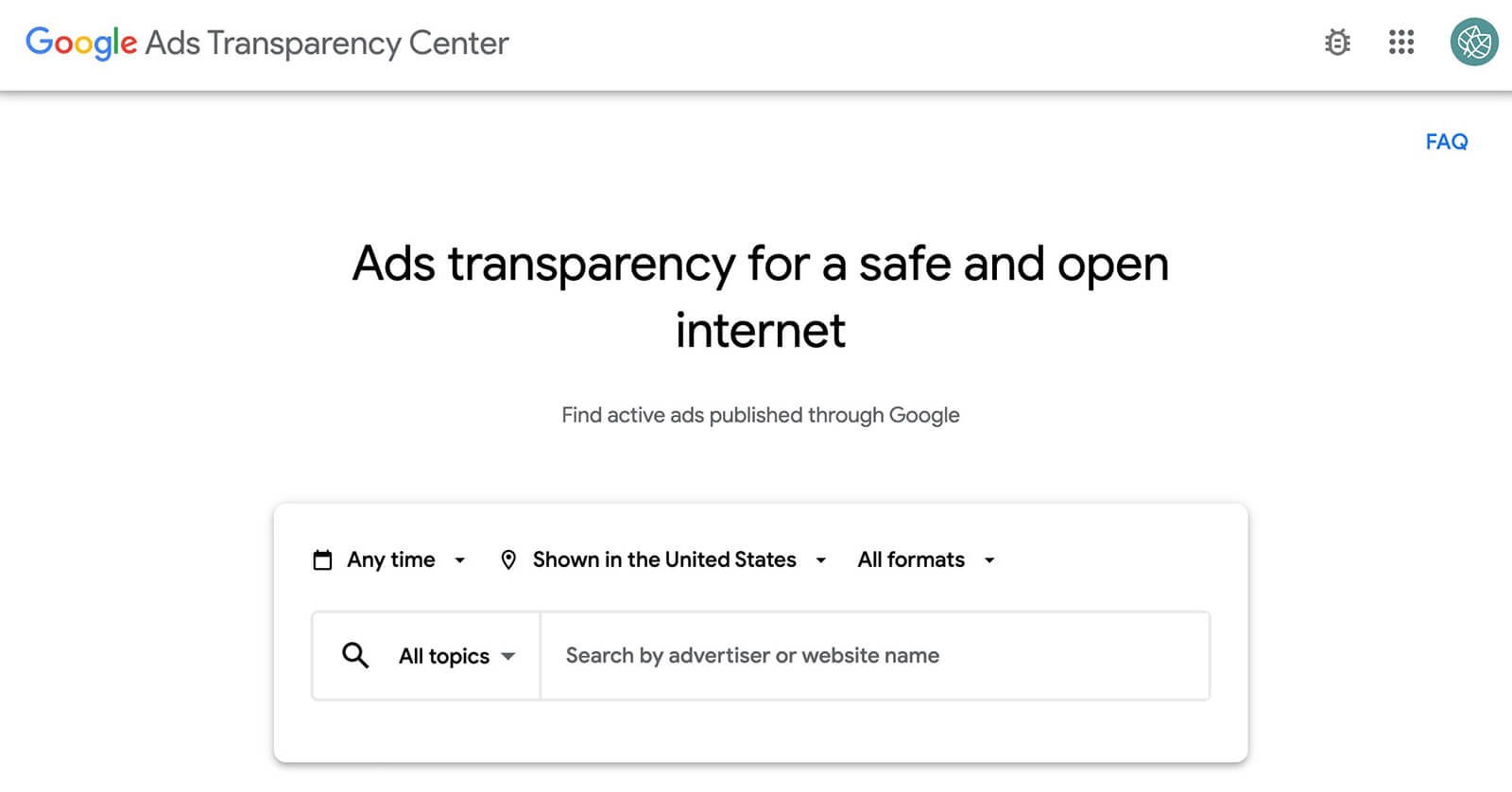 [Screenshot: Google Ads Transparency Center search page with a competitor&rsquo;s brand name entered]