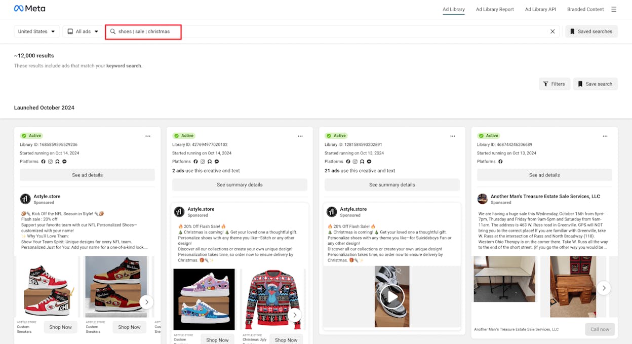[Screenshot: Meta Ad Library showing a competitor&rsquo;s active ads with creative previews]