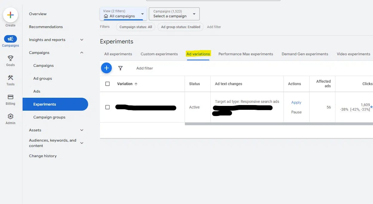 [Screenshot: An ads report showing multiple ad variations from a single competitor, including headlines and descriptions]