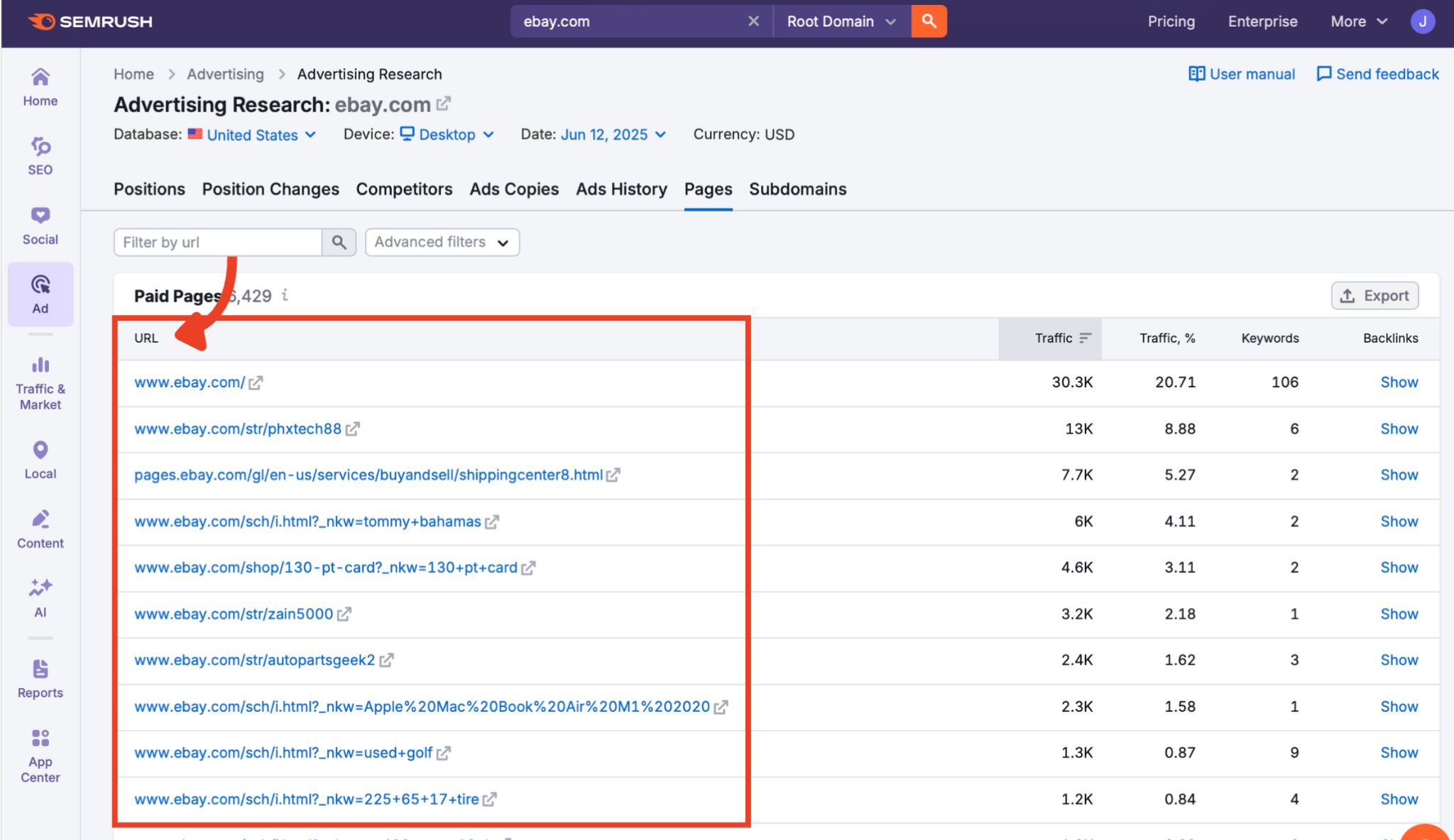 [Screenshot: A paid pages report showing the top landing pages by paid traffic for a competitor domain]