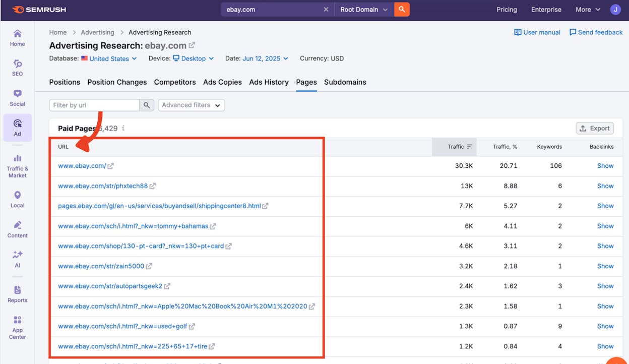 [Screenshot: A paid pages report showing the top landing pages by paid traffic for a competitor domain]