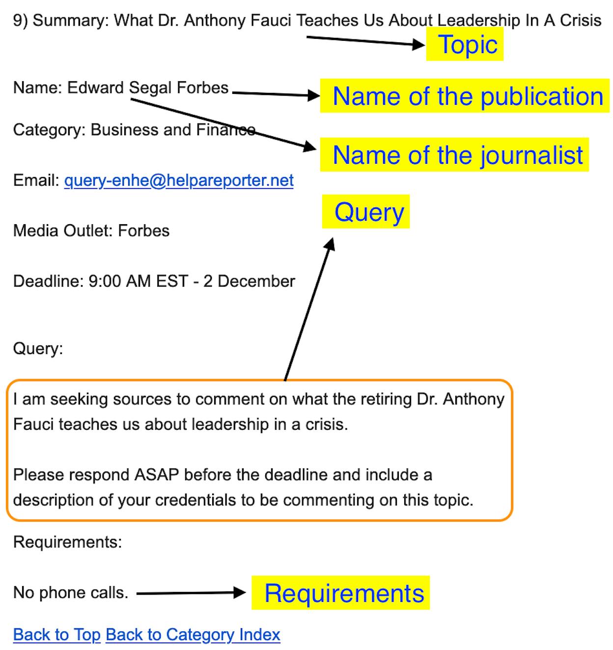 [Screenshot: Example of a HARO journalist callout showing the query, deadline, and publication details]