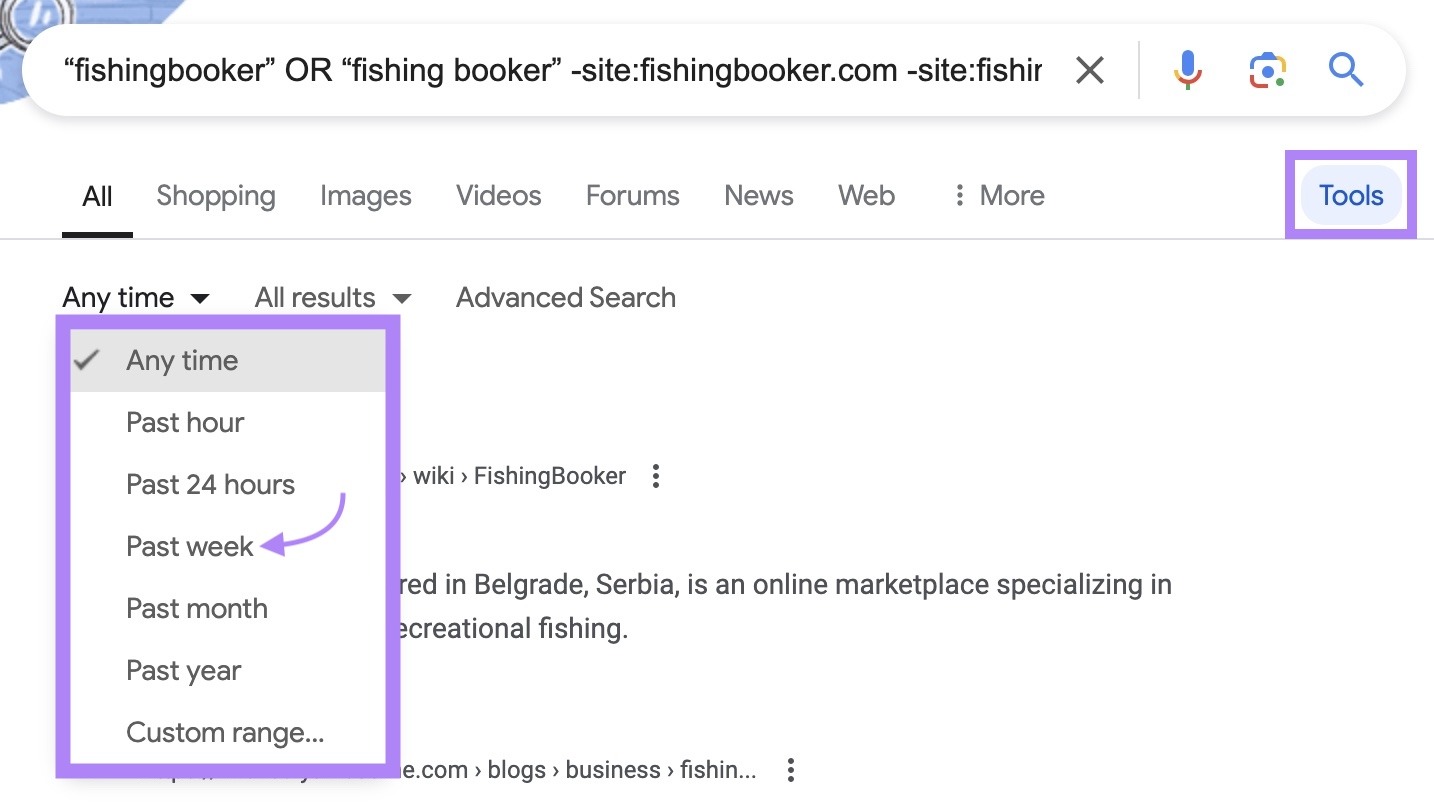 [Screenshot: Google advanced search operator showing how to find recent mentions of your brand &mdash; example: &ldquo;Your Name&rdquo; + &ldquo;Your Company&rdquo; filtered by past week]