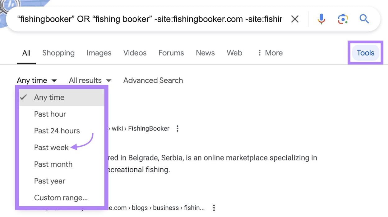 [Screenshot: Google advanced search operator showing how to find recent mentions of your brand &mdash; example: &ldquo;Your Name&rdquo; + &ldquo;Your Company&rdquo; filtered by past week]