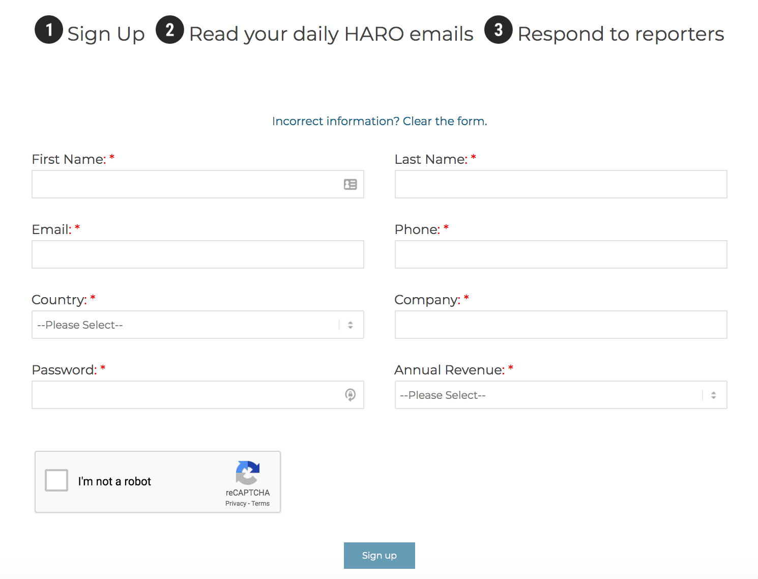 [Screenshot: HARO signup form showing industry category selection options]