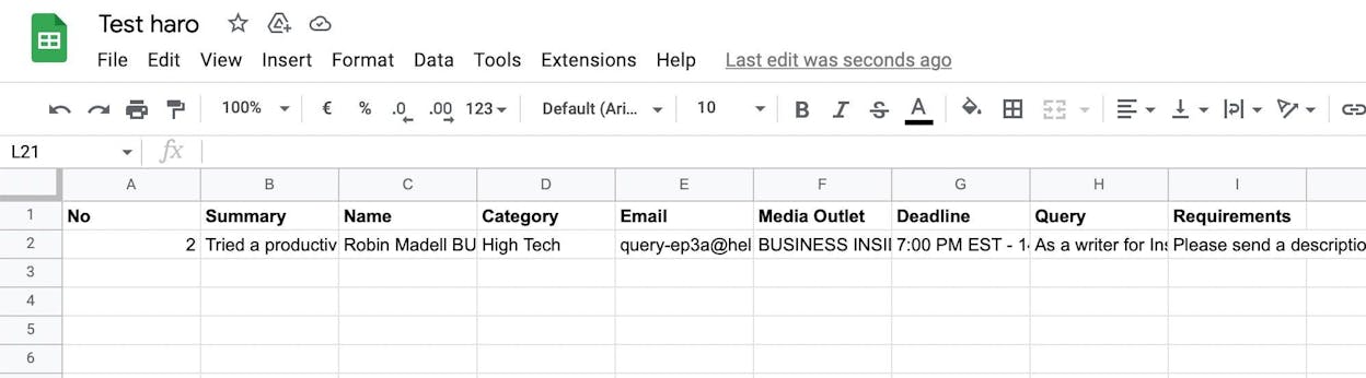 [Screenshot: Example HARO tracking spreadsheet in Google Sheets with columns for callout topic, publication, date, response summary, outcome, and link URL]