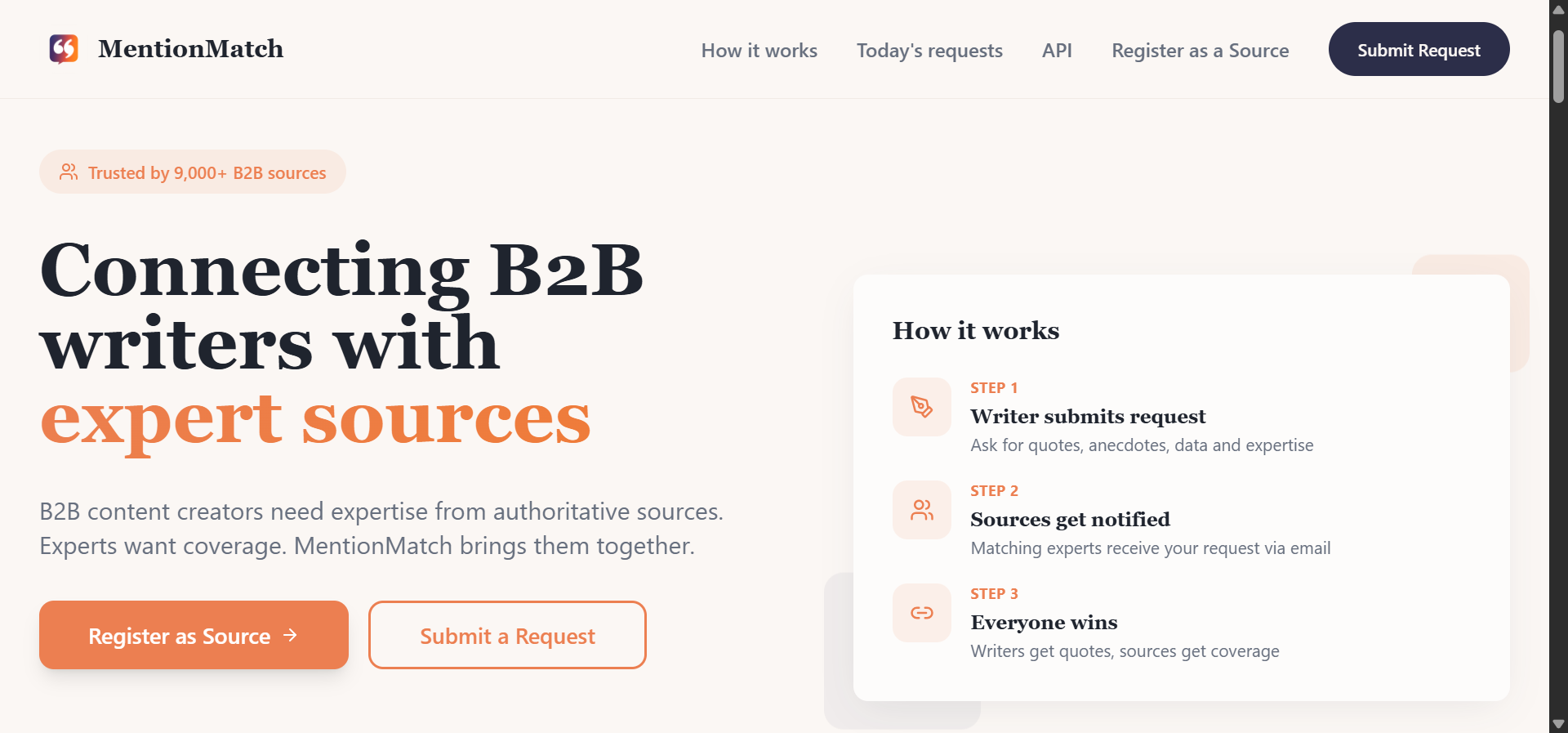 [Screenshot: Help a B2B Writer homepage showing how the platform connects B2B content writers with expert sources]
