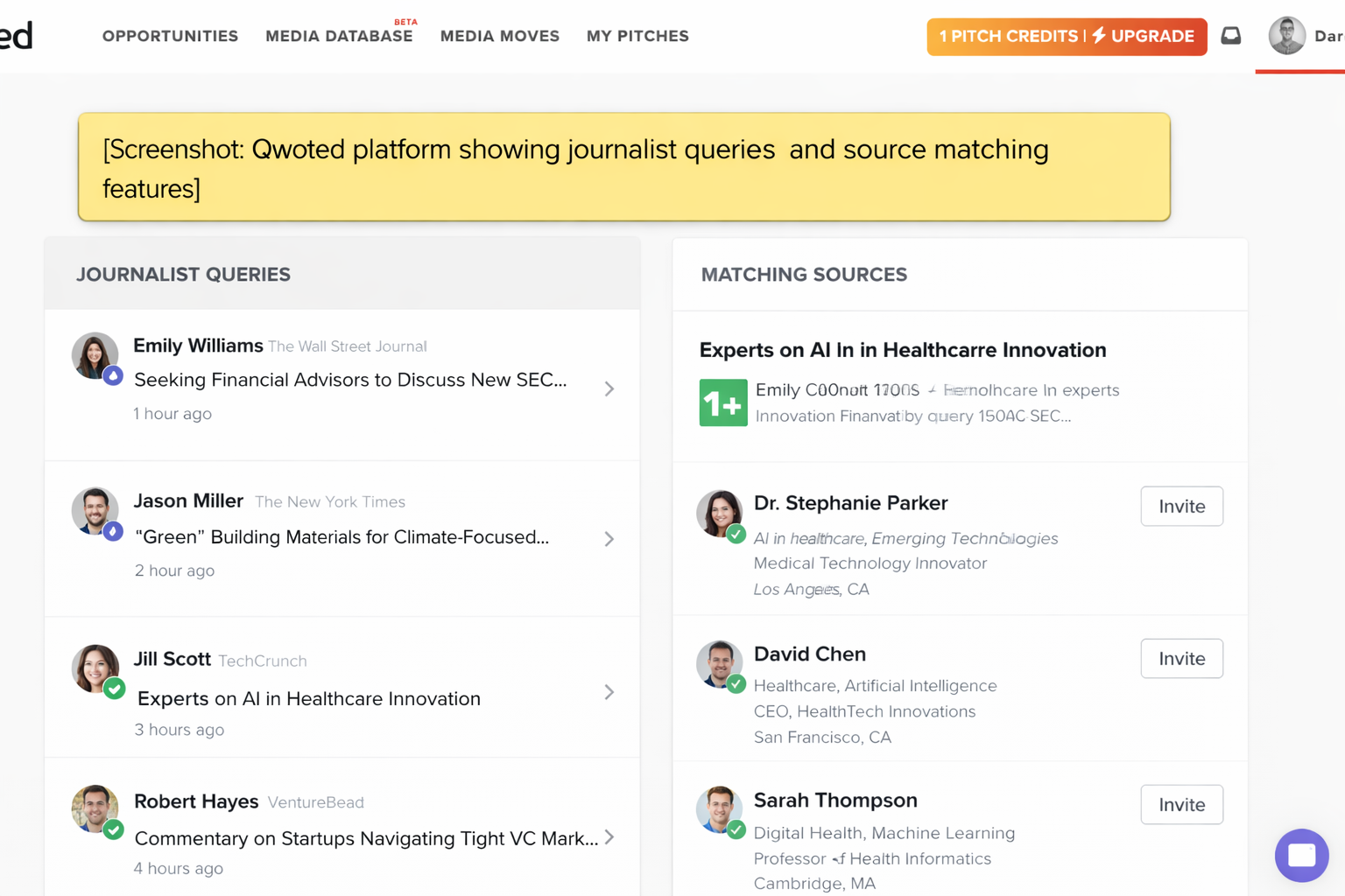 [Screenshot: Qwoted platform showing journalist queries and source matching features]
