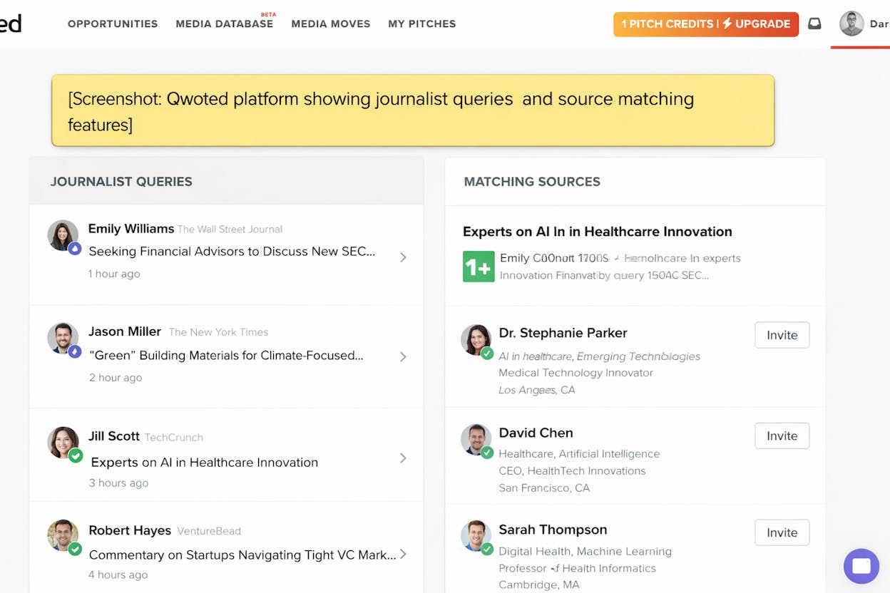 [Screenshot: Qwoted platform showing journalist queries and source matching features]