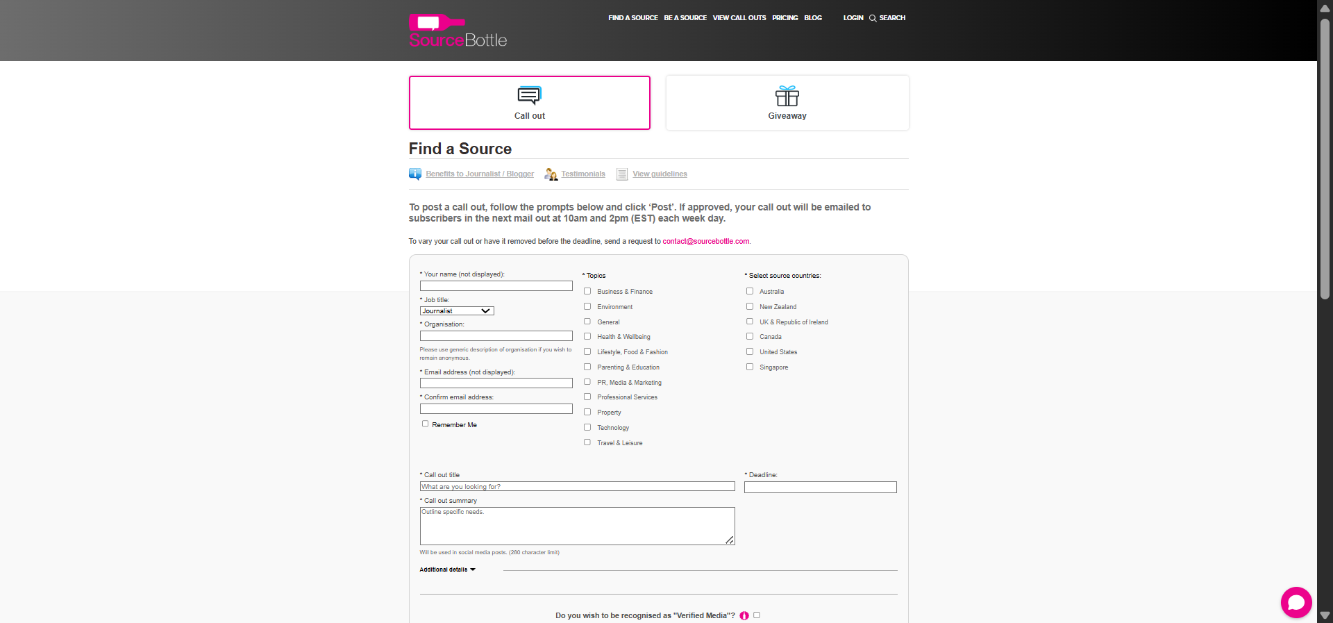 [Screenshot: SourceBottle interface showing journalist requests and category filters]