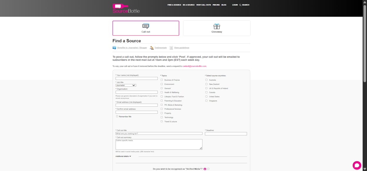 [Screenshot: SourceBottle interface showing journalist requests and category filters]
