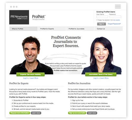 [Screenshot: ProfNet homepage showing the journalist-source connection workflow]