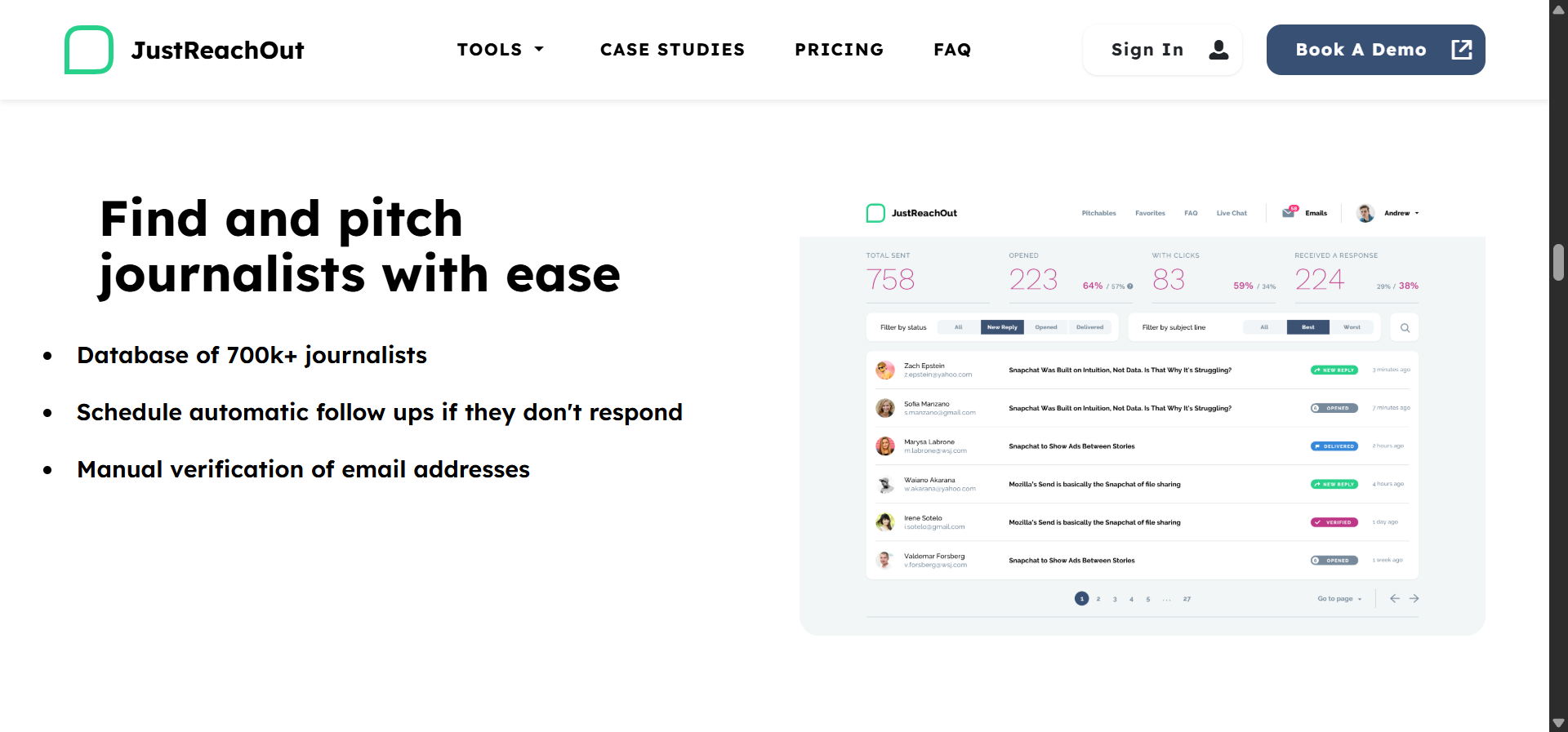 [Screenshot: JustReachOut search interface showing how to find journalists by topic and publication]