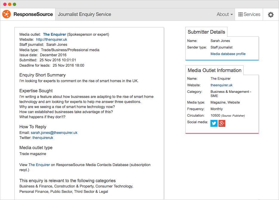 [Screenshot: ResponseSource dashboard showing journalist request feed and category filters]