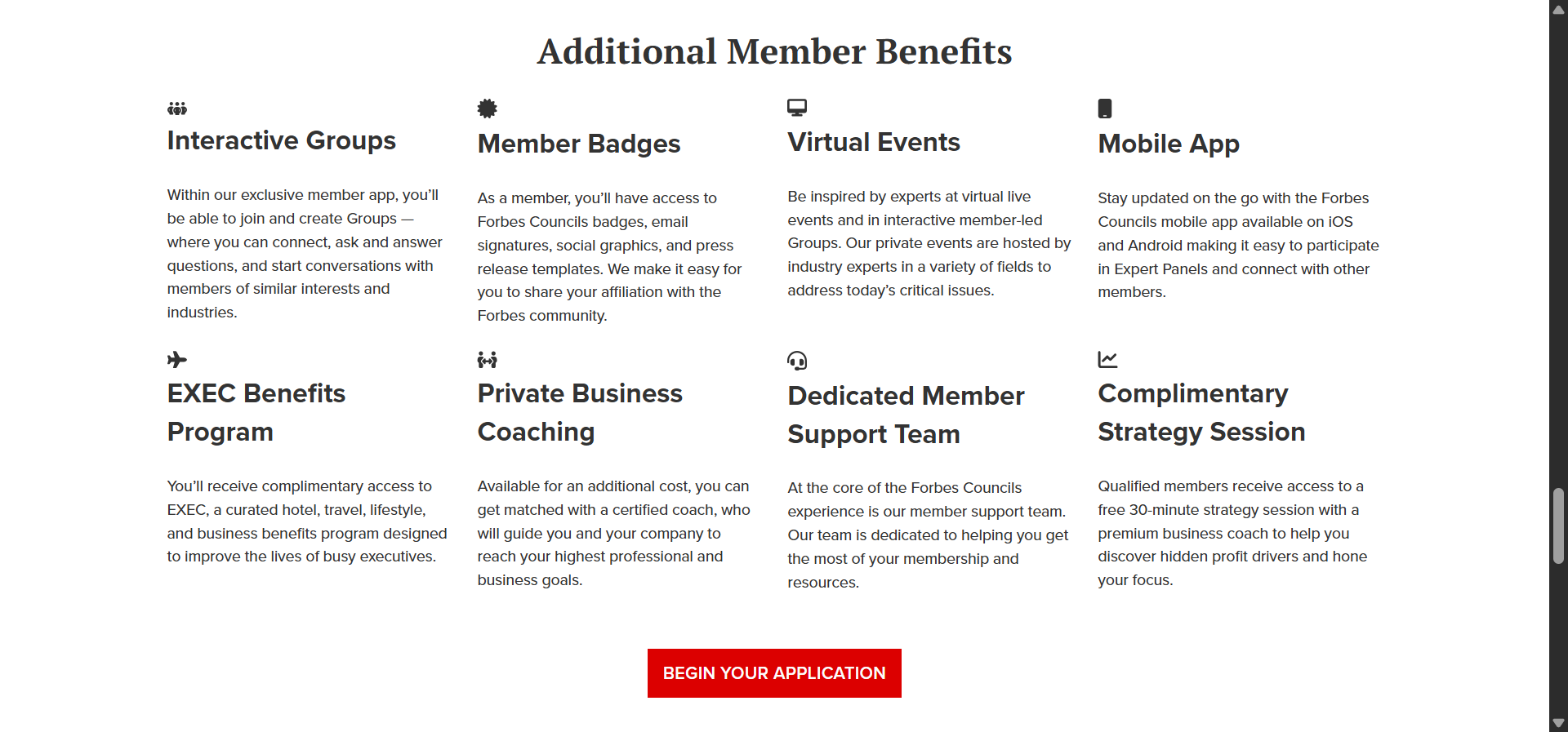 [Screenshot: Forbes Councils landing page showing the application and membership benefits]