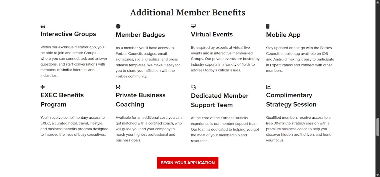 [Screenshot: Forbes Councils landing page showing the application and membership benefits]